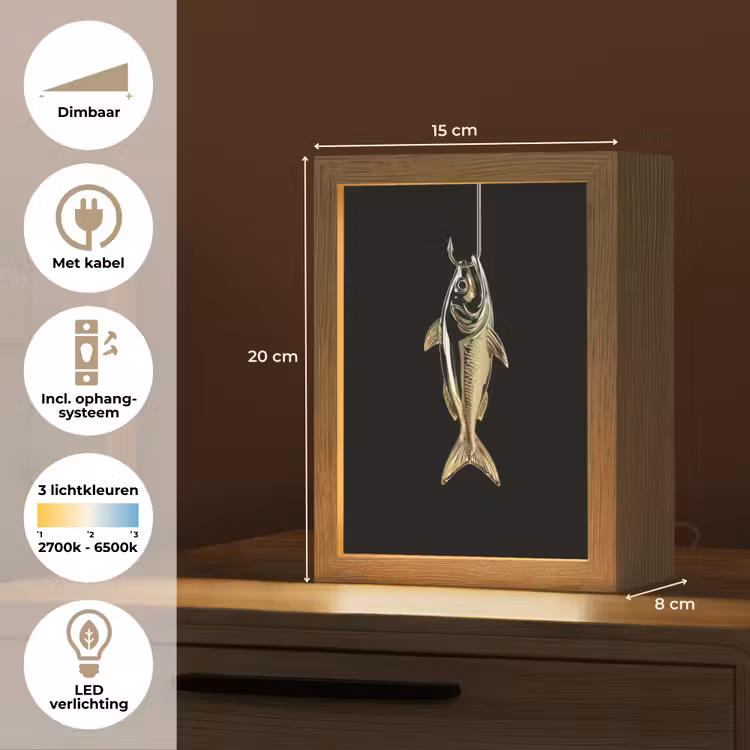 Goud - Vis - Haak - Zwart Light Box met kabel (Tafellamp) klein -USP_NL