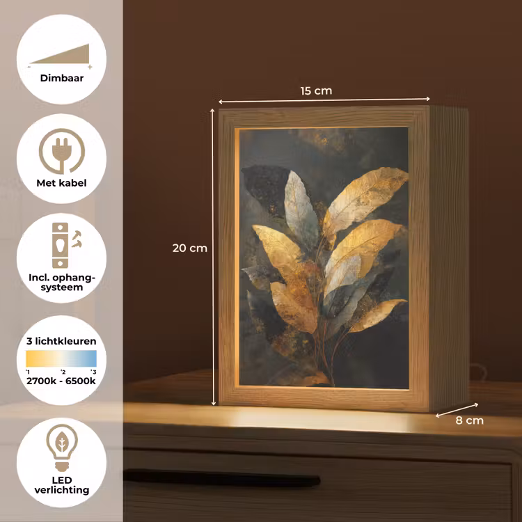 Gouden Bladcompositie – Botanische Luxe Light Box met kabel (Tafellamp) klein -USP_NL