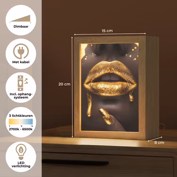 Gouden lippen - Gezicht - Vrouw - Modern Light Box met kabel (Tafellamp) klein -USP_NL