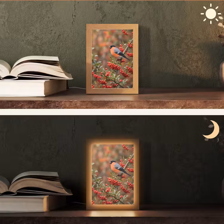Goudvink - Bessen - Herfst - Natuur - Kleurrijk Light Box met kabel (Tafellamp) klein -sfeer3
