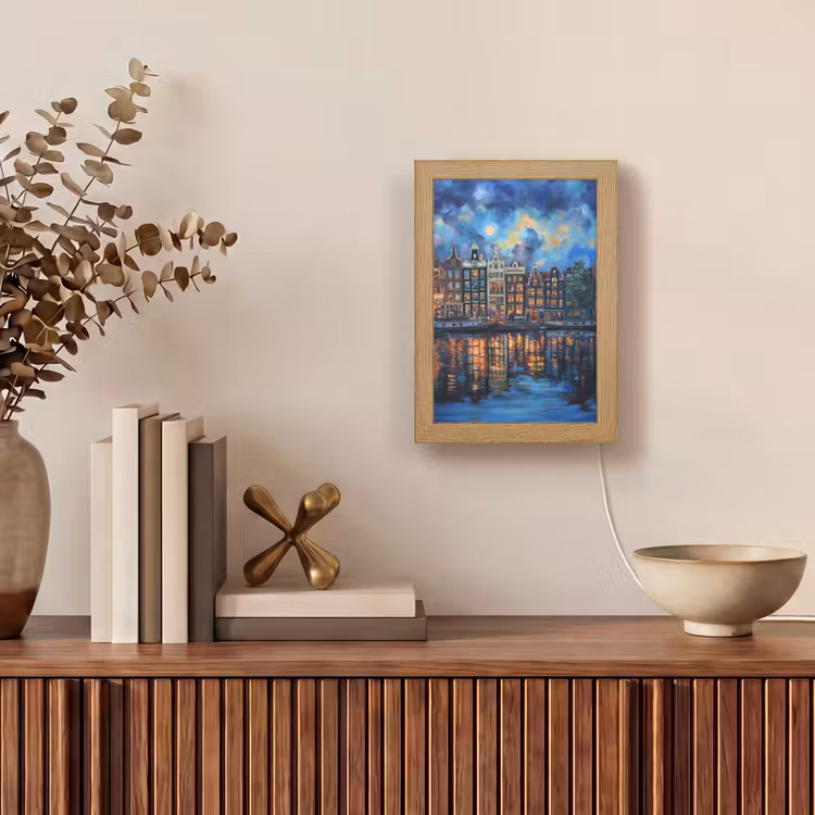 Grachten Amsterdam - Huizen - Stad - Kleurrijk Light Box met kabel (Tafellamp) klein -sfeer2