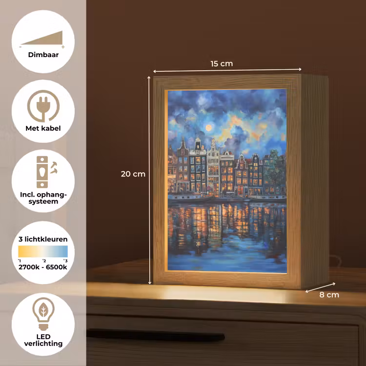 Grachten Amsterdam - Huizen - Stad - Kleurrijk Light Box met kabel (Tafellamp) klein -USP_NL