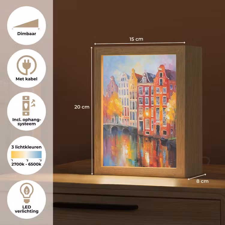 Grachtenpanden - Kunst - Schilderij - Amsterdam Light Box met kabel (Tafellamp) klein -USP_NL