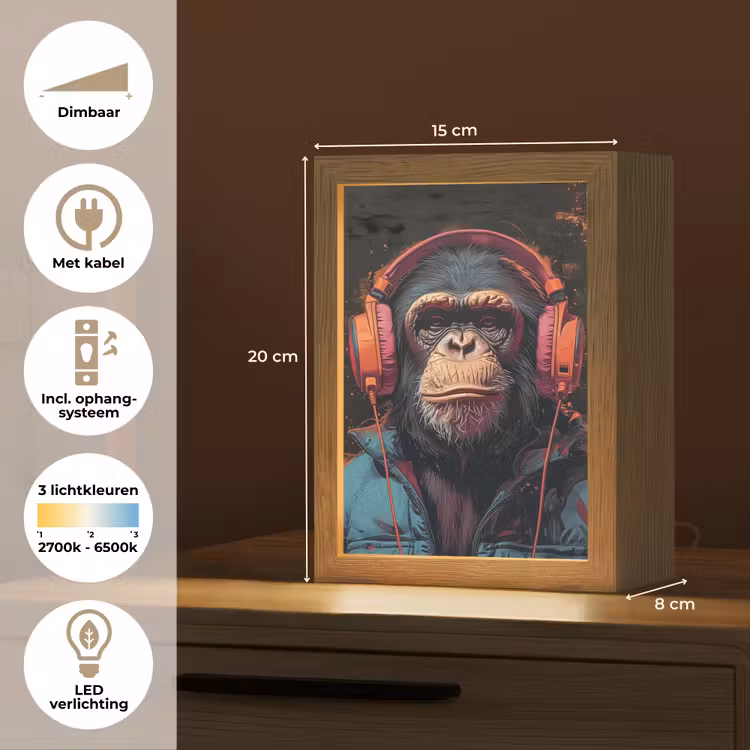 Graffiti - Chimpansee - Koptelefoon - Aap Light Box met kabel (Tafellamp) klein -USP_NL