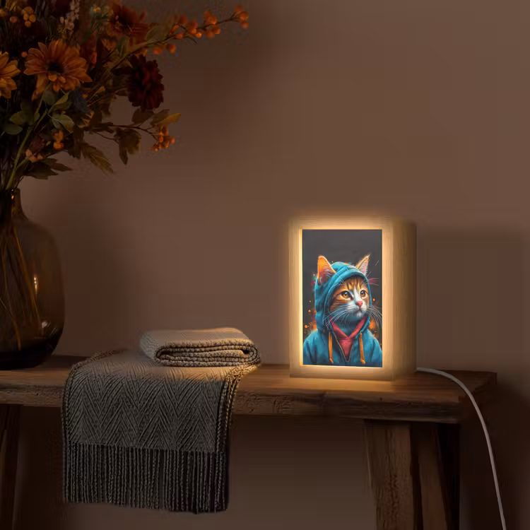 Graffiti - Kat - Zwart - Jas - Street art Light Box met kabel (Tafellamp) klein -sfeer4