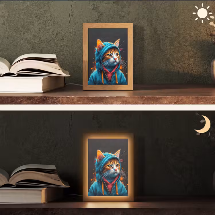 Graffiti - Kat - Zwart - Jas - Street art Light Box met kabel (Tafellamp) klein -sfeer3