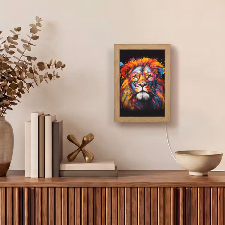 Graffiti - Leeuw - Bril - Zwart - Kleurrijk Light Box met kabel (Tafellamp) klein -sfeer2