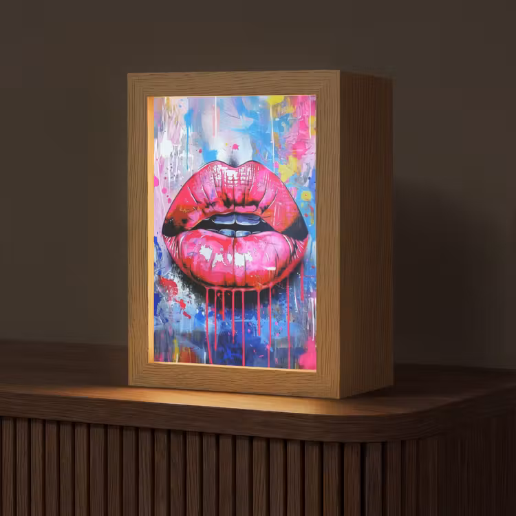 Graffiti - Lippen - Felroze - Geschilderd Light Box met kabel (Tafellamp) klein -z3d_website
