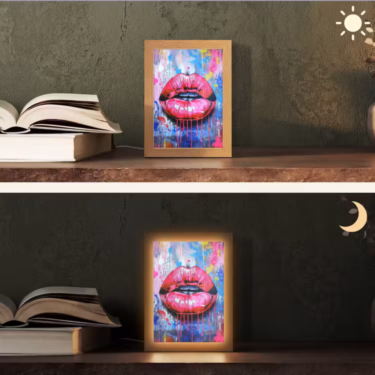 Graffiti - Lippen - Felroze - Geschilderd Light Box met kabel (Tafellamp) klein -sfeer3