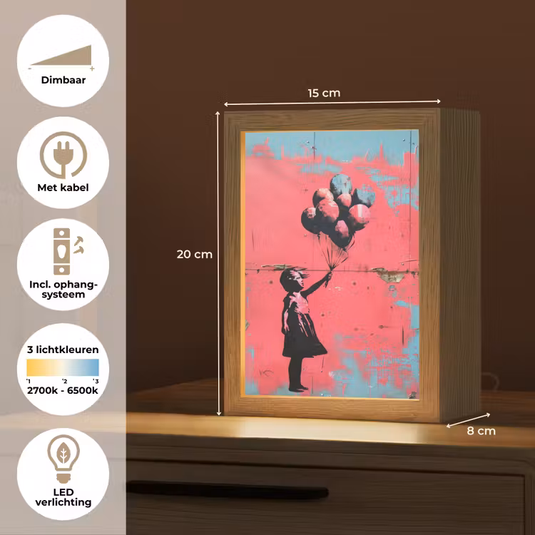 Graffiti - Meisje - Ballon - Roze - Blauw - Street art Light Box met kabel (Tafellamp) klein -USP_NL