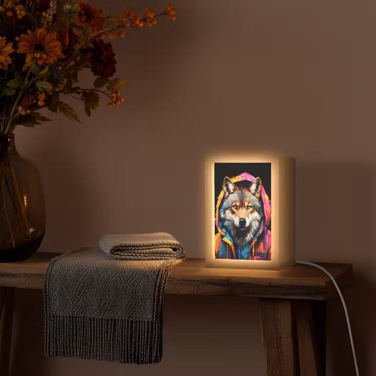 Graffiti - Wolf - Jas - Zwart Light Box met kabel (Tafellamp) klein -sfeer4