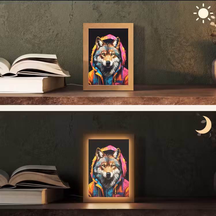 Graffiti - Wolf - Jas - Zwart Light Box met kabel (Tafellamp) klein -sfeer3