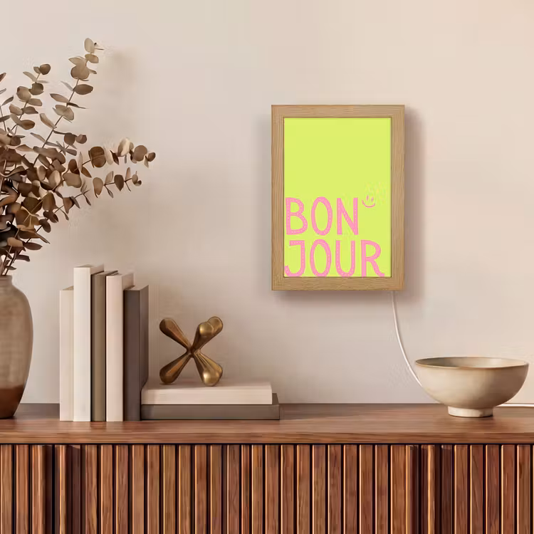 Groen - Smiley - Bonjour - Roze Light Box met kabel (Tafellamp) klein -sfeer2