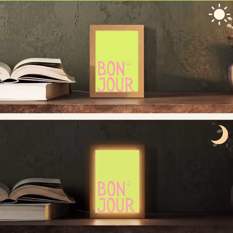 Groen - Smiley - Bonjour - Roze Light Box met kabel (Tafellamp) klein -sfeer3