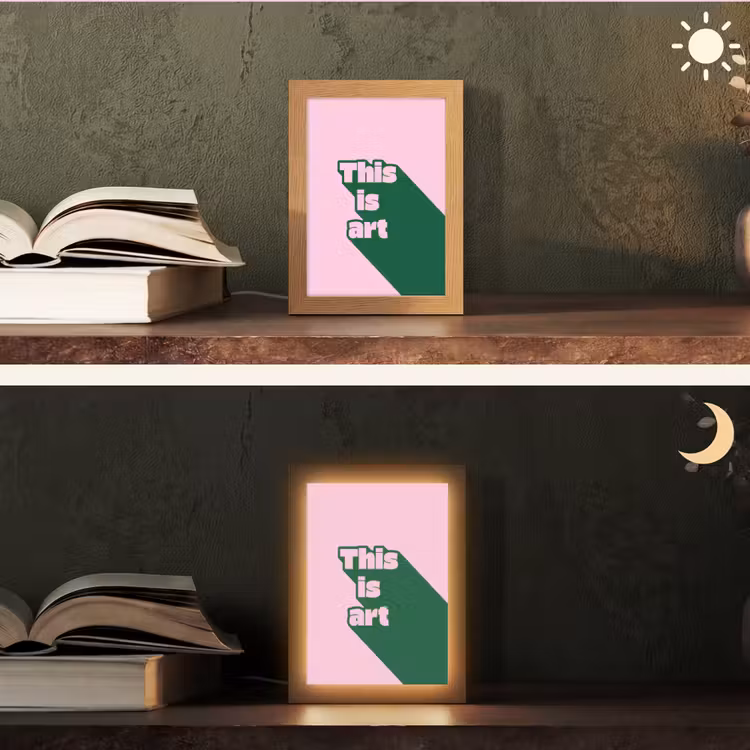 Groen - Teskt - This is art - Roze Light Box met kabel (Tafellamp) klein -sfeer3