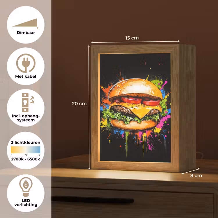 Hamburger - Graffiti - Verf - Kleurrijk - Eten - Abstract Light Box met kabel (Tafellamp) klein -USP_NL