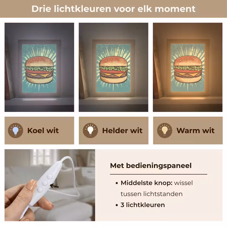 Hamburger - Illustratie - Sla - Kaas Light Box met kabel (Tafellamp) klein -USP_lichtkleurNL