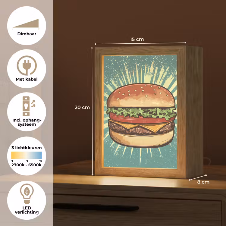 Hamburger - Illustratie - Sla - Kaas Light Box met kabel (Tafellamp) klein -USP_NL