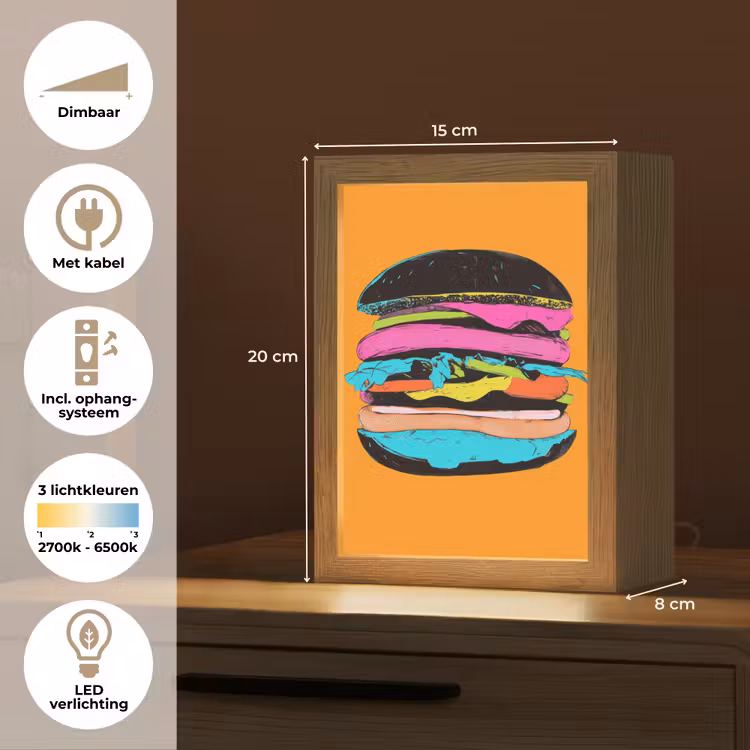 Hamburger - Kleurrijk - Speels Light Box met kabel (Tafellamp) klein -USP_NL