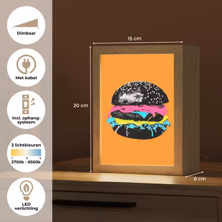 Hamburger - Oranje - Neon - popart Light Box met kabel (Tafellamp) klein -USP_NL