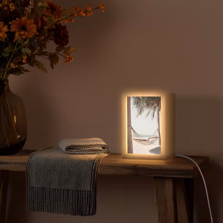 Hangmat - Palmbomen - Strand - Zee Light Box met kabel (Tafellamp) klein -sfeer4