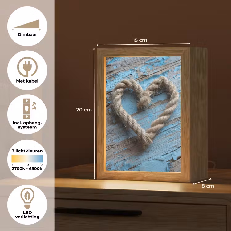 Hart - Touw - Hout - Rustiek Light Box met kabel (Tafellamp) klein -USP_NL