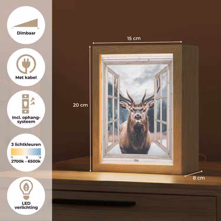 Hert - Dieren - Landschap - Winter - Sneeuw - Doorkijk - Natuur Light Box met kabel (Tafellamp) klein -USP_NL