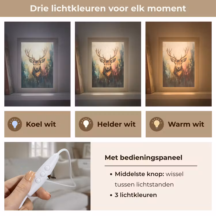 Hert - Geverfd - Gewei - Bruin Light Box met kabel (Tafellamp) klein -USP_lichtkleurNL