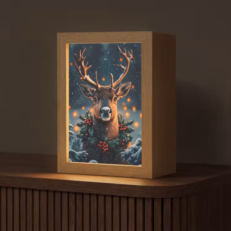 Hert - Kerst - Winter - Sneeuw - Kerstkrans Light Box met kabel (Tafellamp) klein -z3d_website