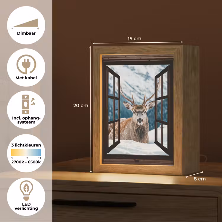 Hert - Landschap - Winter - Natuur - Dieren - Doorkijk - Bergen Light Box met kabel (Tafellamp) klein -USP_NL