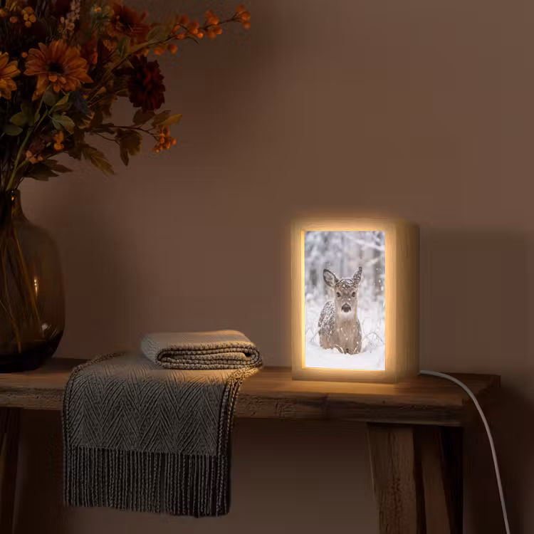 Hert - Sneeuw - Bos - Dieren - Vertederend Light Box met kabel (Tafellamp) klein -sfeer4