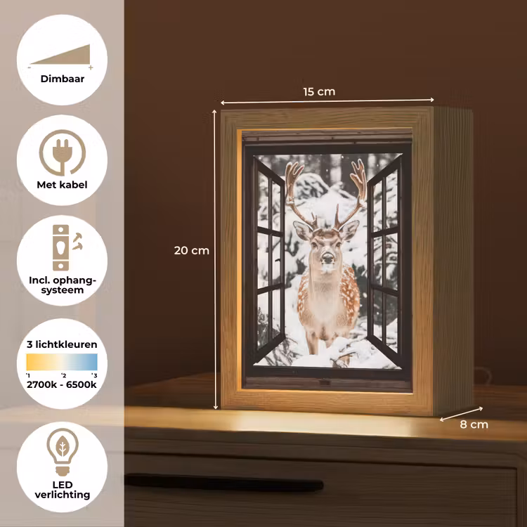Hert - Sneeuw - Winter - Bos - Dieren - Doorkijk Light Box met kabel (Tafellamp) klein -USP_NL
