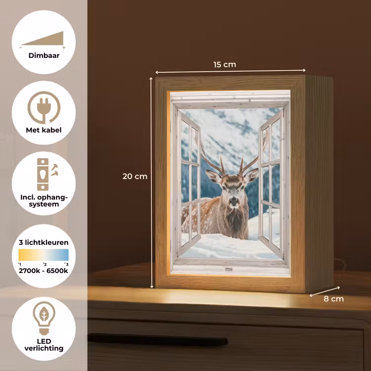 Hert - Winterlandschap - Natuur - Dieren - Doorkijk - Bergen Light Box met kabel (Tafellamp) klein -USP_NL