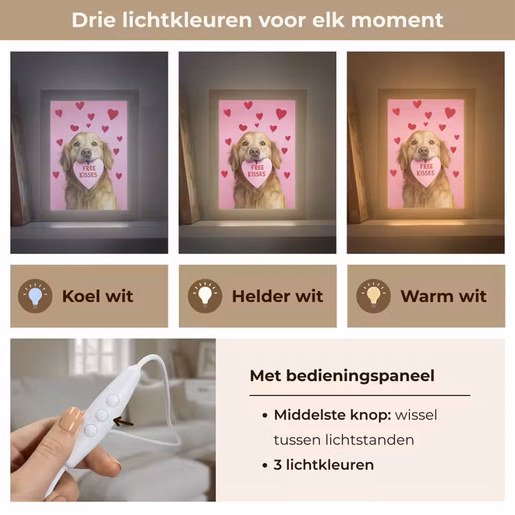 Hond - Kiss- Valentijn - Hartjes Light Box met kabel (Tafellamp) klein -USP_lichtkleurNL