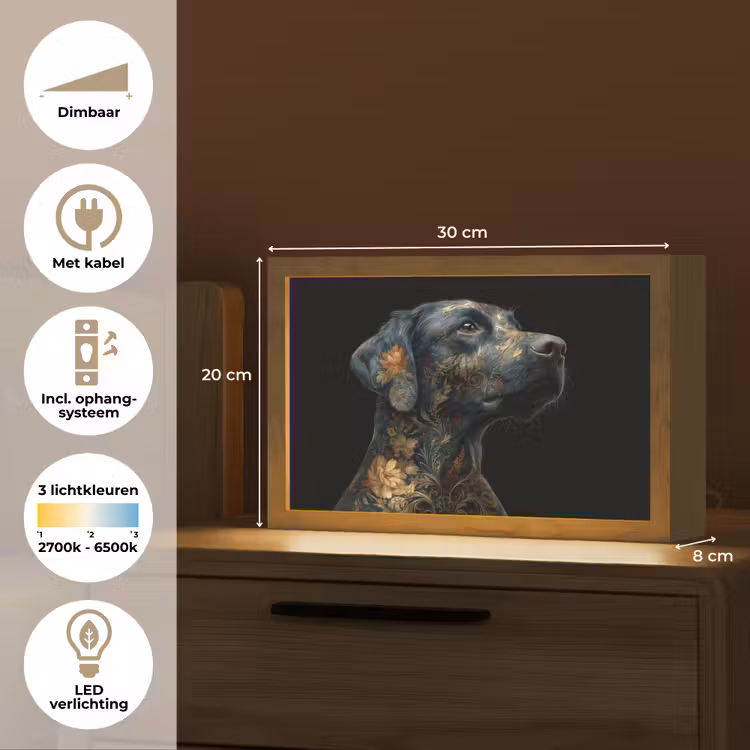Hond - Zwart - Bloemen Light Box met kabel (Tafellamp) klein -USP_NL