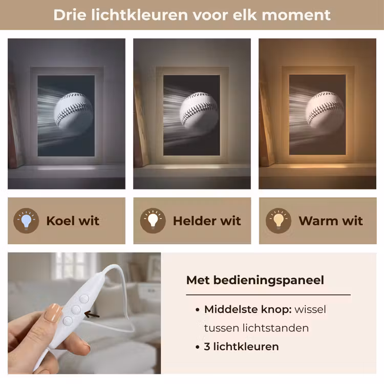 Honkbal - Wit - Vliegt Light Box met kabel (Tafellamp) klein -USP_lichtkleurNL