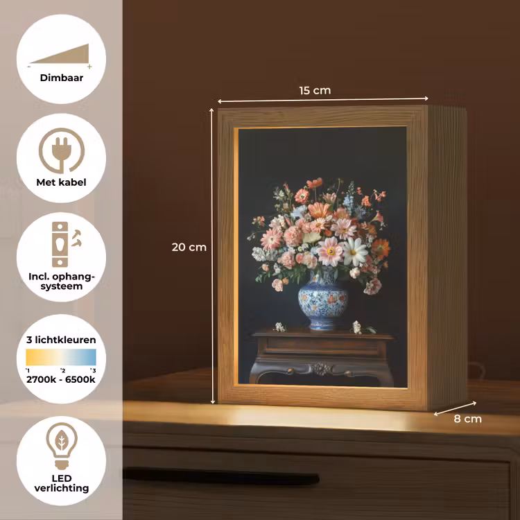 Hout - Vaas - Kleuren - Bloemen Light Box met kabel (Tafellamp) klein -USP_NL