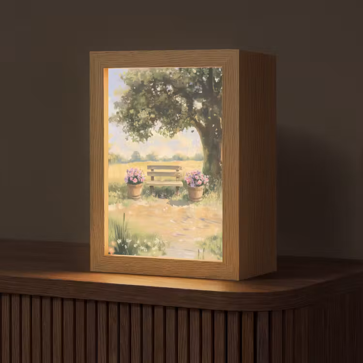 Houten bankje - Bloempotten - Landschap Light Box met kabel (Tafellamp) klein -z3d_website