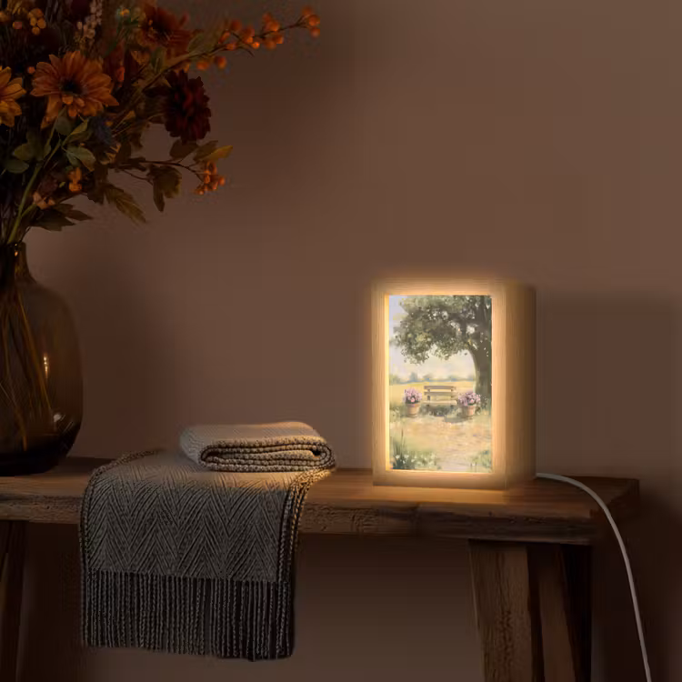 Houten bankje - Bloempotten - Landschap Light Box met kabel (Tafellamp) klein -sfeer4
