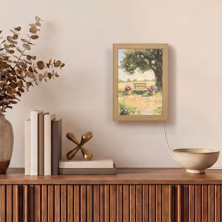 Houten bankje - Bloempotten - Landschap Light Box met kabel (Tafellamp) klein -sfeer2
