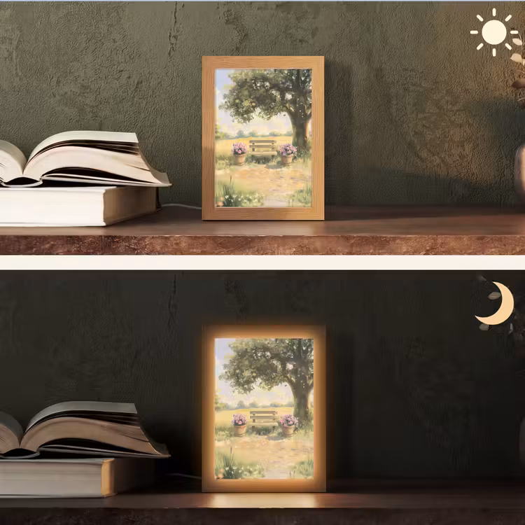 Houten bankje - Bloempotten - Landschap Light Box met kabel (Tafellamp) klein -sfeer3