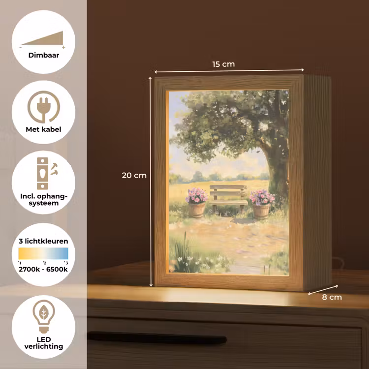 Houten bankje - Bloempotten - Landschap Light Box met kabel (Tafellamp) klein -USP_NL