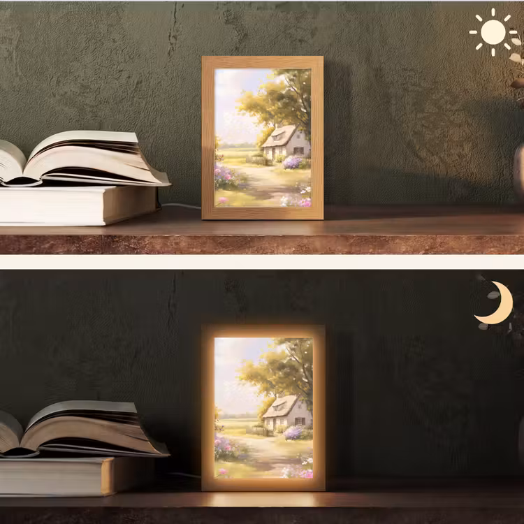 Huisje - Hout - Bloemen Light Box met kabel (Tafellamp) klein -sfeer3