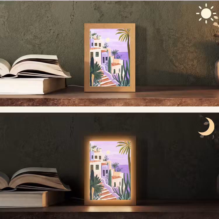 Huizen - Minimalistisch - Palmbomen - Kust Light Box met kabel (Tafellamp) klein -sfeer3