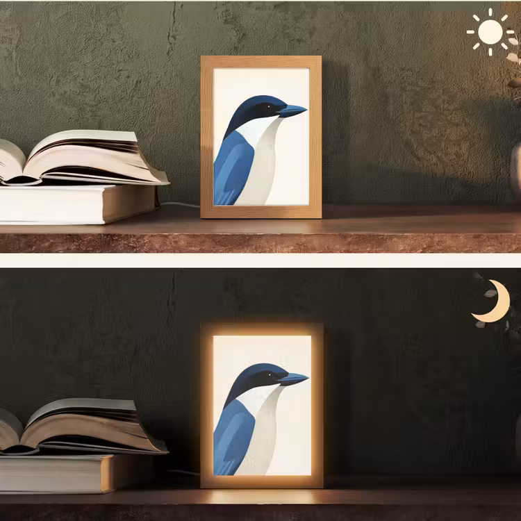 Illustratie - Blauw - Vogel Light Box met kabel (Tafellamp) klein -sfeer3