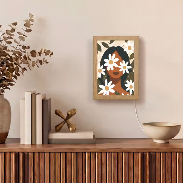 Illustratie - Vrouw - Madeliefjes - Wit Light Box met kabel (Tafellamp) klein -sfeer2