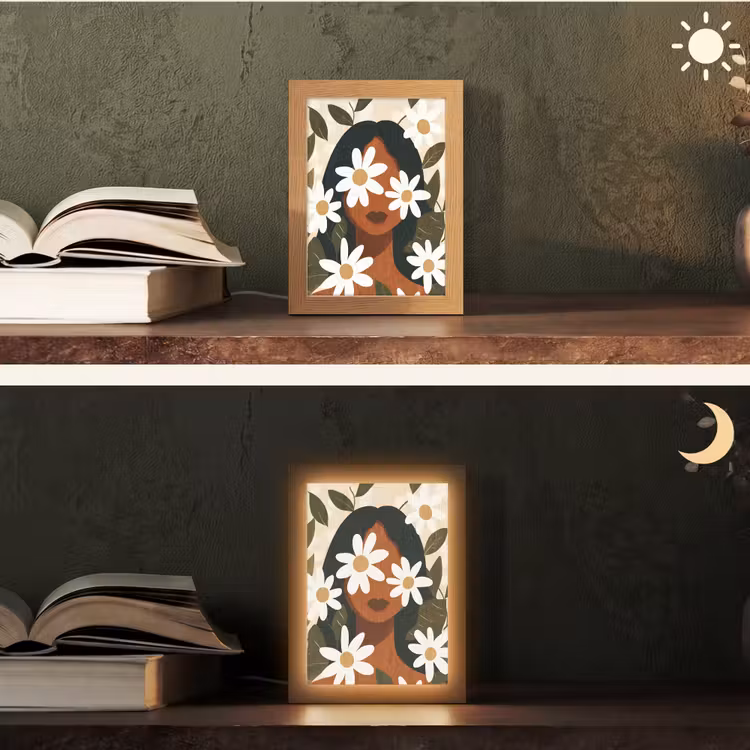 Illustratie - Vrouw - Madeliefjes - Wit Light Box met kabel (Tafellamp) klein -sfeer3