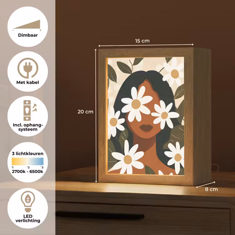 Illustratie - Vrouw - Madeliefjes - Wit Light Box met kabel (Tafellamp) klein -USP_NL