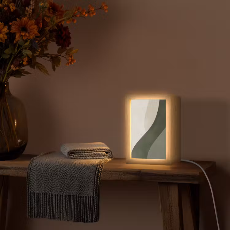 Japandi - Groen - Abstract - Modern Light Box met kabel (Tafellamp) klein -sfeer4