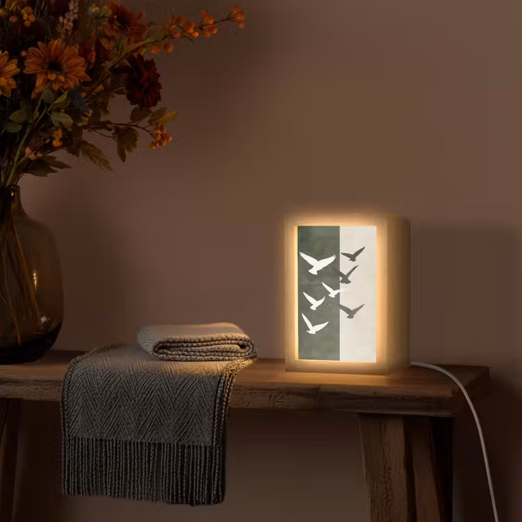 Japandi - Vogel - Groen Light Box met kabel (Tafellamp) klein -sfeer4